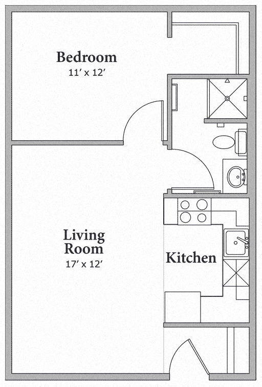 Floor plan for 1 bed, 1 bath, 494 sqft